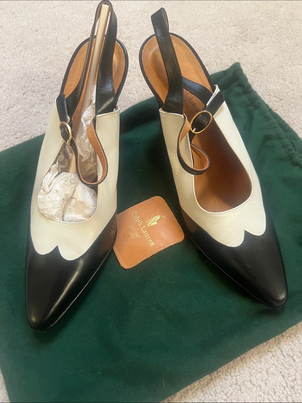 Ralph Lauren Black and Cream Pointed Slingback Pumps